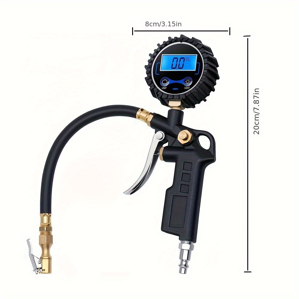 Digital Tire Inflator with Pressure Gauge – 200 PSI LCD Backlight, 4 Units (PSI/BAR/KPA/KGF), Brass Chuck, 3 Connectors, for Car, Truck, Motorcycle & Bike | Velora