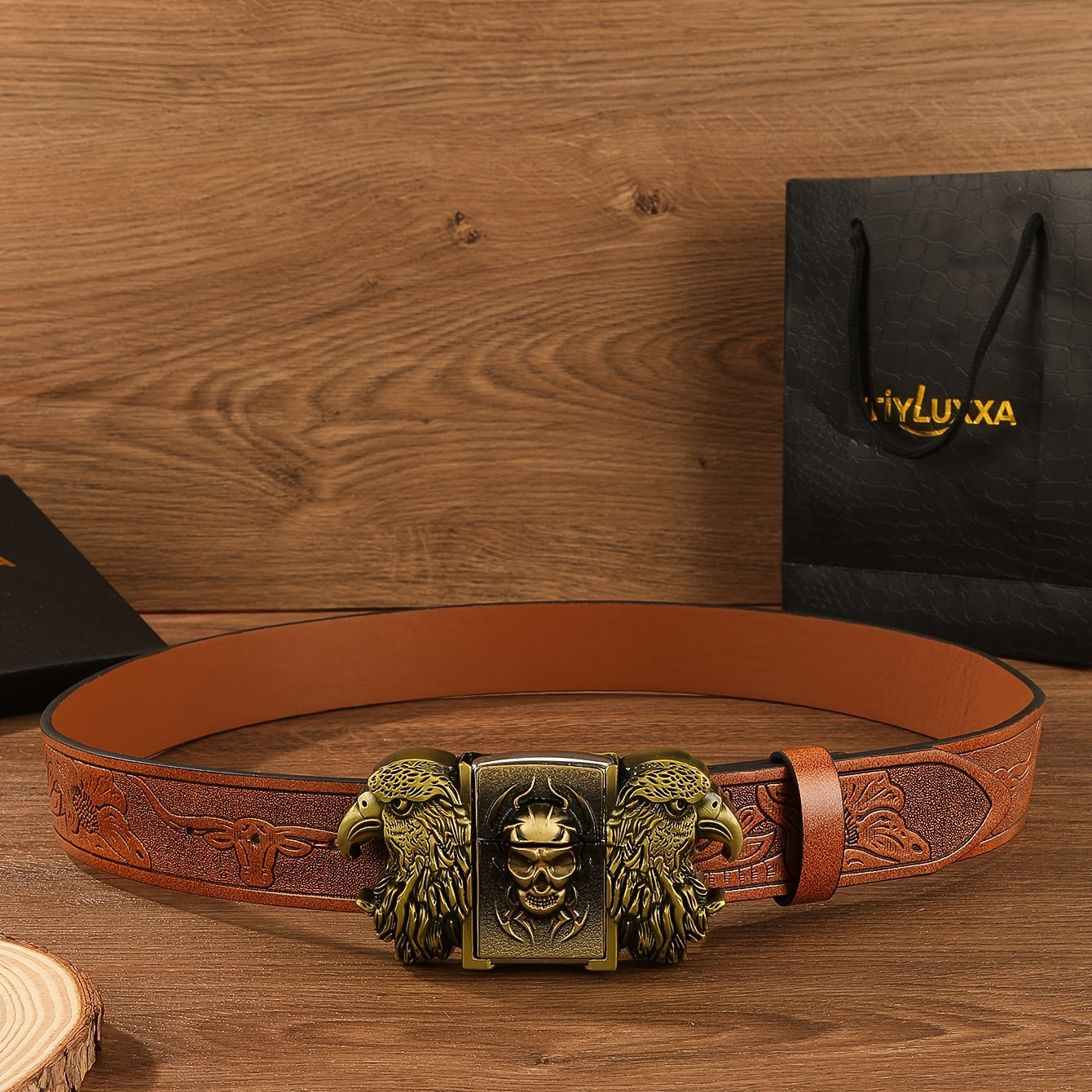 Retro Western Cowboy Belt with Detachable Lighter – Embossed Printed Novelty Accessory Belt in Skull, Eagle, Cross & Native American Designs, Unique Gift for Men for Christmas, Thanksgiving & Valentine's Day