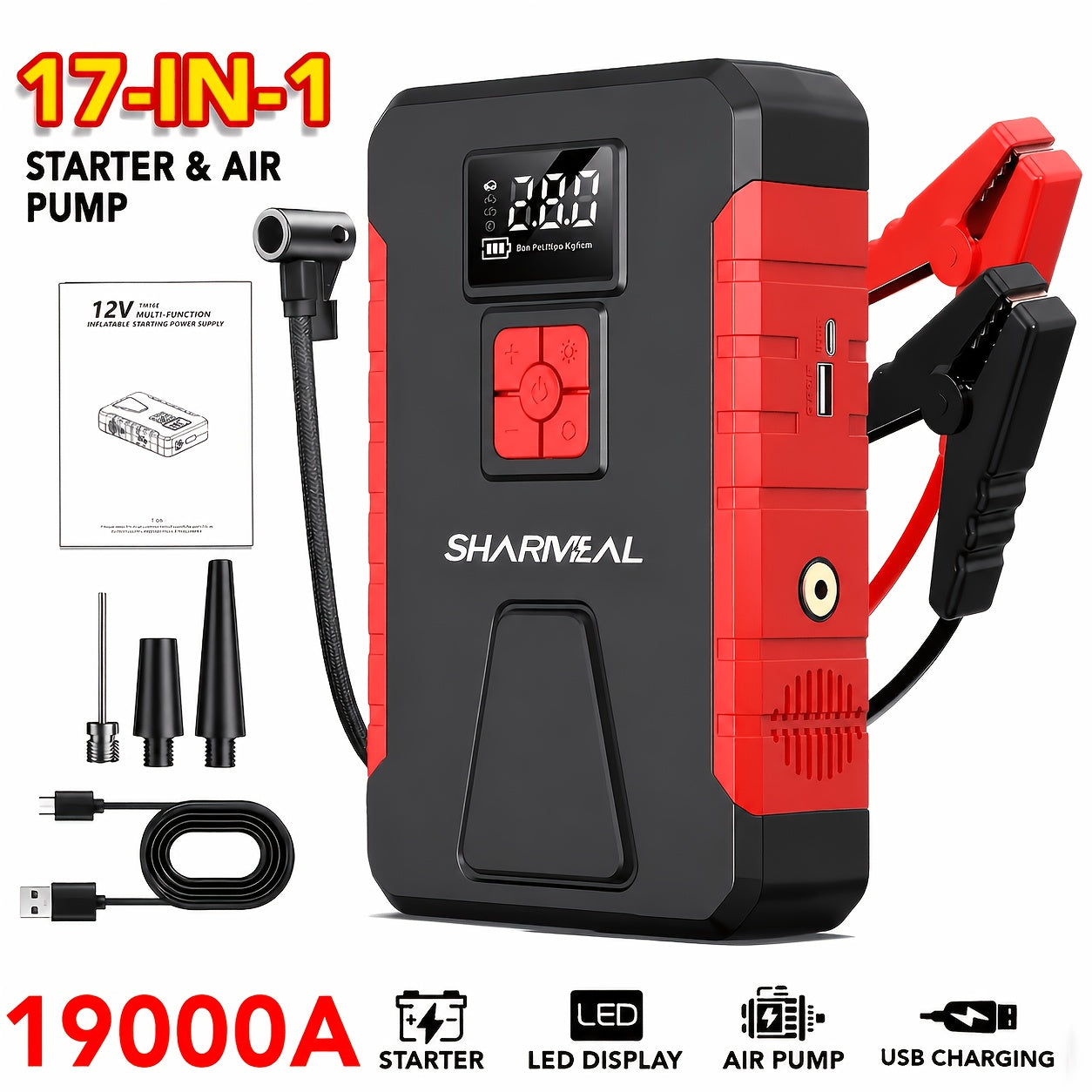 Portable Jump Starter 15000A-19000A Peak | 17-in-1 with 350PSI Air Compressor, 12V Car Battery Charger, LED Light, Digital Display – Emergency Kit for Cars, Trucks & SUVs