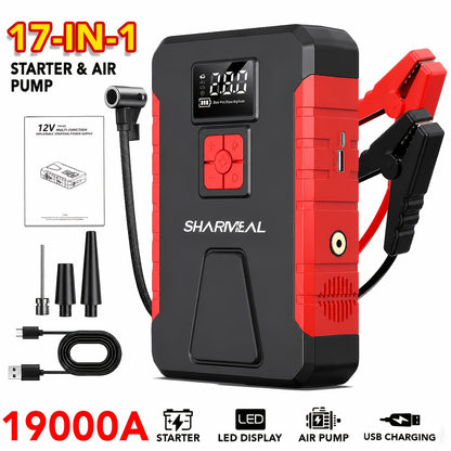 Portable Jump Starter 15000A-19000A Peak | 17-in-1 with 350PSI Air Compressor, 12V Car Battery Charger, LED Light, Digital Display – Emergency Kit for Cars, Trucks & SUVs