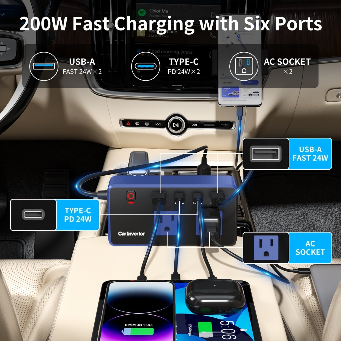 200W Car Power Inverter DC 12V to 110V AC with PD 24W & QC 24W Quick Charge – Dual Fast Charging Vehicle Adapter for Car Office, Work from Car, Camping & Road Trip