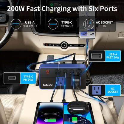 200W Car Power Inverter DC 12V to 110V AC with PD 24W & QC 24W Quick Charge – Dual Fast Charging Vehicle Adapter for Car Office, Work from Car, Camping & Road Trip