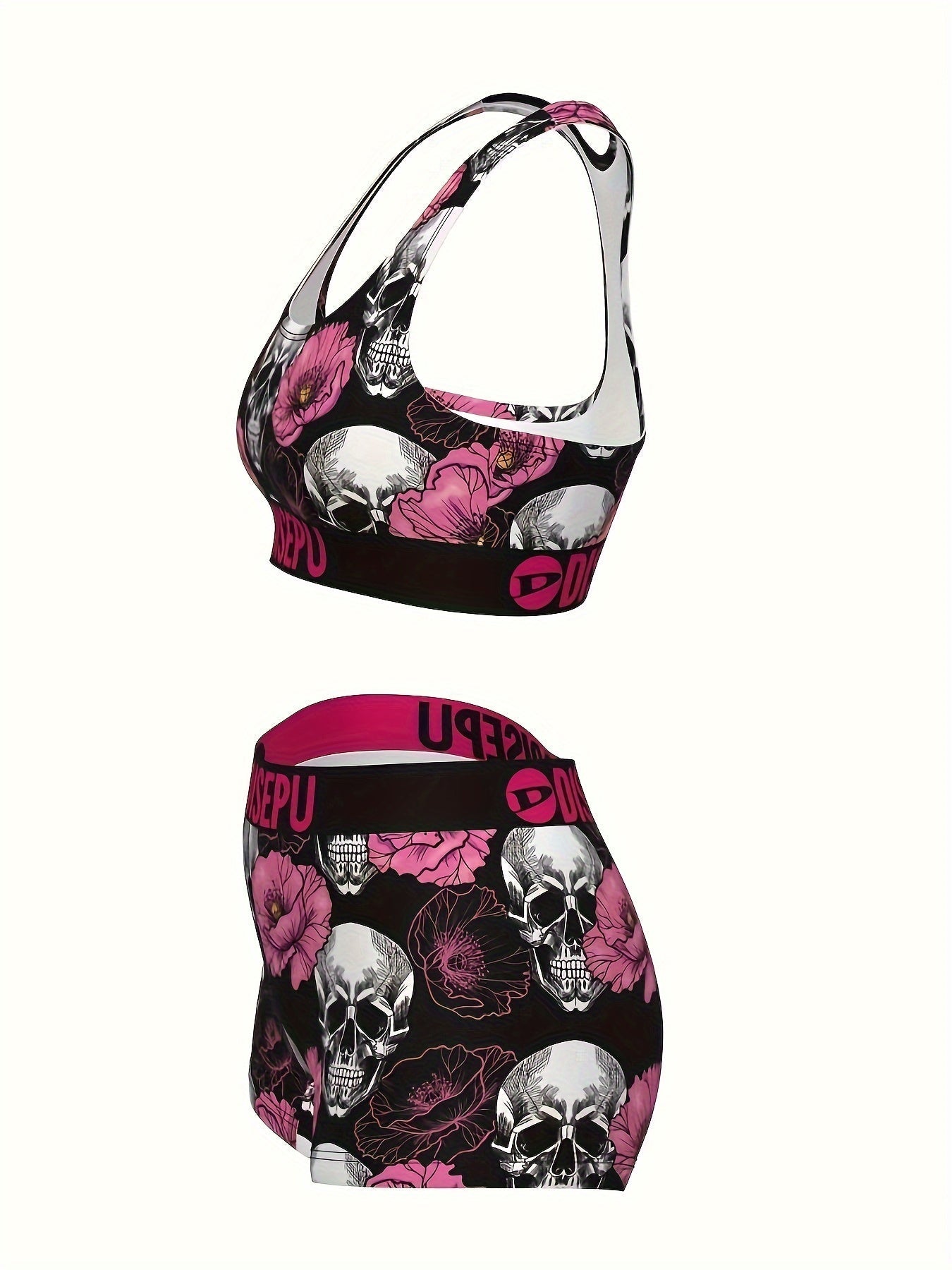 Women's Skull Pink Flower Print Sports Bra and Shorts Set - 2 Piece Gothic Floral High Stretch Activewear for Gym Yoga Running Halloween Workout, Breathable Athletic Outfit Sizes S-XXL