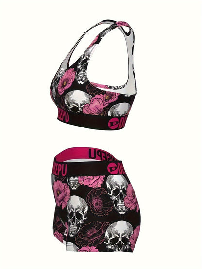 Women's Skull Pink Flower Print Sports Bra and Shorts Set - 2 Piece Gothic Floral High Stretch Activewear for Gym Yoga Running Halloween Workout, Breathable Athletic Outfit Sizes S-XXL
