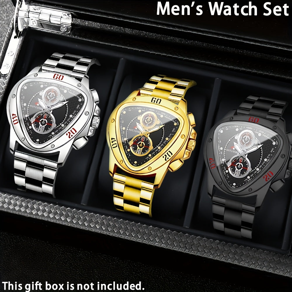 3pcs Men's Quartz Watch Set – Silicone Strap Date Display Triangular Dial, Fashion Sport Casual Wrist Watches for Men, Ideal Birthday Anniversary Gift Set