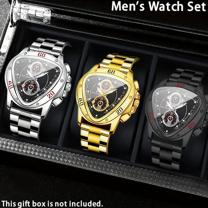 3pcs Men's Quartz Watch Set – Silicone Strap Date Display Triangular Dial, Fashion Sport Casual Wrist Watches for Men, Ideal Birthday Anniversary Gift Set