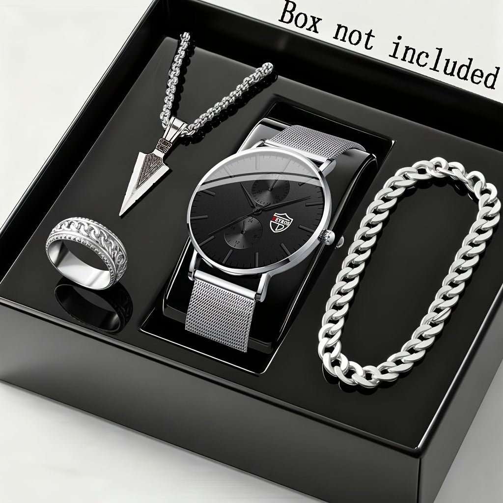 4-Piece Men's Quartz Watch and Bracelet Gift Set - Elegant Alloy Case Round Dial Sports Casual & Business Wristwatches with Matching Bracelet for Everyday Wear, Birthdays & Anniversaries
