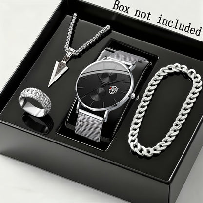 4-Piece Men's Quartz Watch and Bracelet Gift Set - Elegant Alloy Case Round Dial Sports Casual & Business Wristwatches with Matching Bracelet for Everyday Wear, Birthdays & Anniversaries