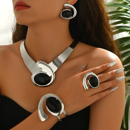 Women's Jewelry Set 5 Pieces - Elegant Acrylic Geometric Comma Pendant Necklace Earrings Rings & Bracelet Matching Set, Durable Fashion Jewelry for Parties Weddings & Special Occasions