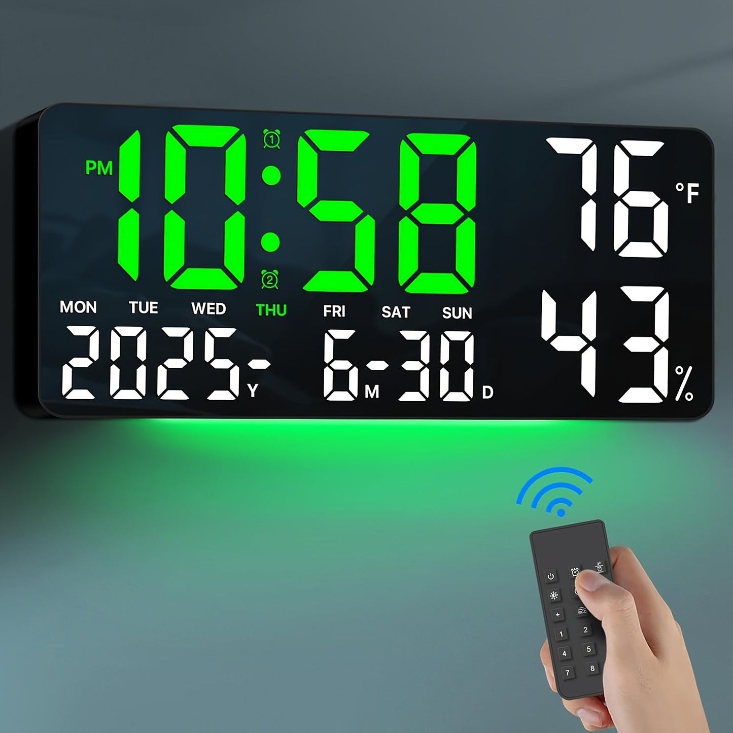Large Screen LED Alarm Clock 15 Inch Auto-Dimming with Remote Control | Digital Clock Time Date Week Temperature Humidity Timer | Bedroom Bedside Senior-Friendly Living Room Office Desk