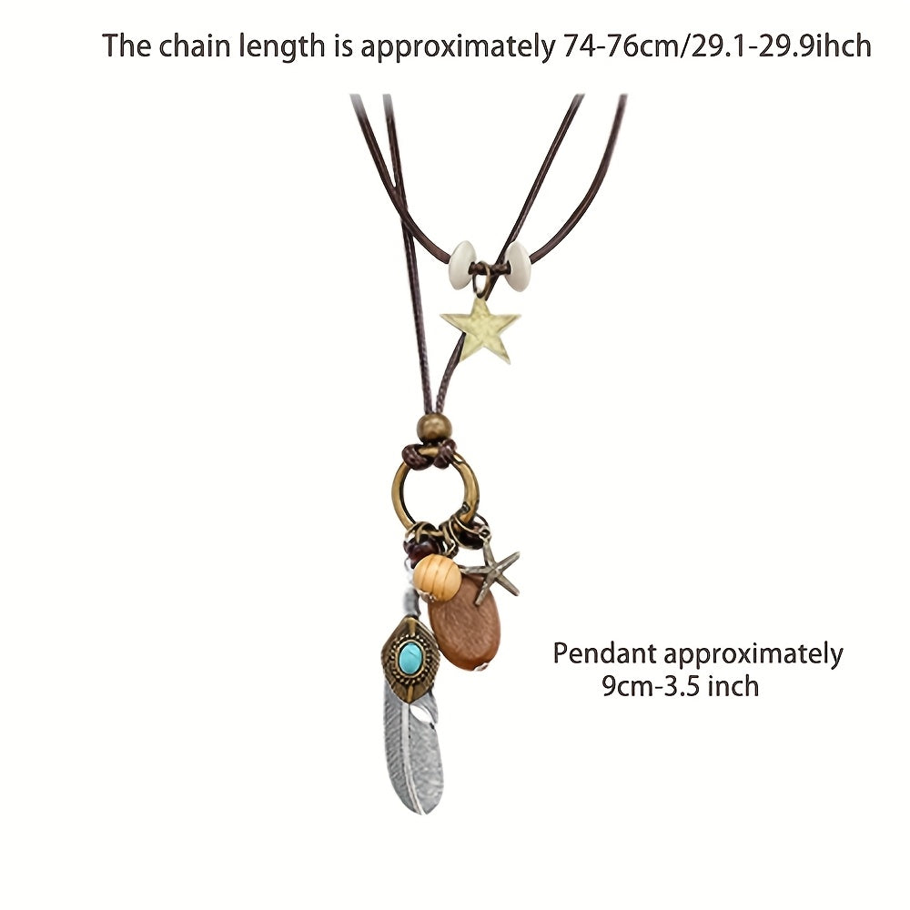 5 Piece Bohemian Layered Necklace Set for Women – Retro Boho Sweater Chain Y-Shaped Necklace with Feather Leaf Butterfly Star Pendants, Fashionable Stackable Jewelry Gift for Daily Wear and Banquets