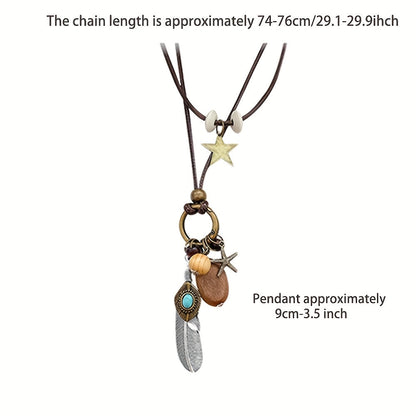 5 Piece Bohemian Layered Necklace Set for Women – Retro Boho Sweater Chain Y-Shaped Necklace with Feather Leaf Butterfly Star Pendants, Fashionable Stackable Jewelry Gift for Daily Wear and Banquets