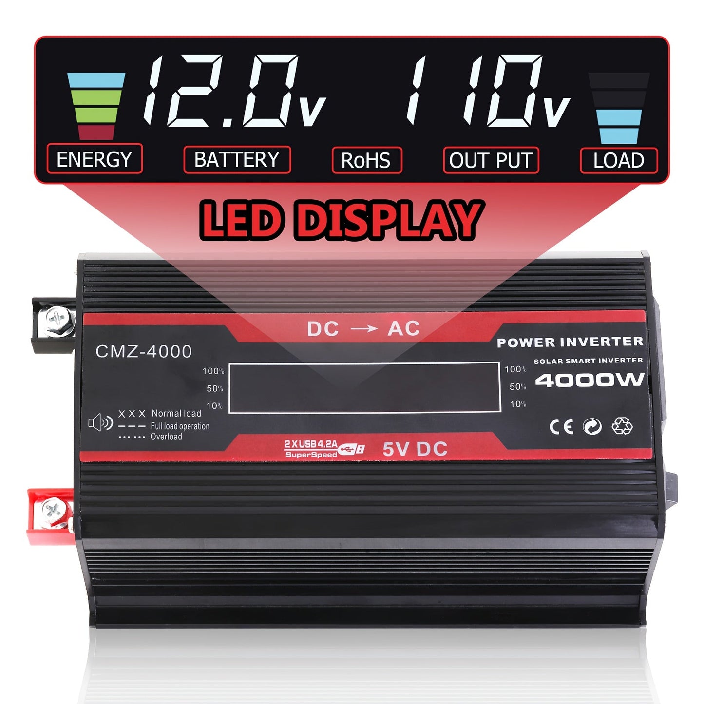 4000W Car Power Inverter DC 12V to AC 110V with LCD Display, Cooling Fan and Overload Protection - Portable 800W Rated Converter for Road Trips, Camping, Outdoors and Emergency Kits