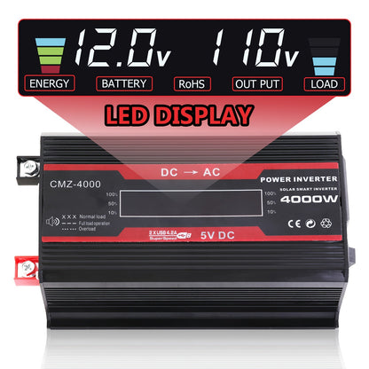 4000W Car Power Inverter DC 12V to AC 110V with LCD Display, Cooling Fan and Overload Protection - Portable 800W Rated Converter for Road Trips, Camping, Outdoors and Emergency Kits
