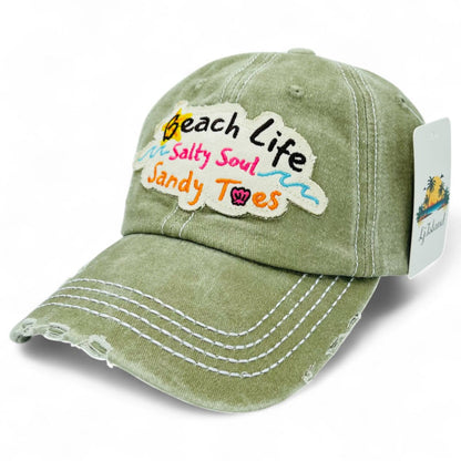 Beach Life Salty Soul Sandy Toes Vintage Distressed Embroidered Baseball Cap – Local Artist Design, 100% Cotton UV Protection Adjustable Coastal Sun Hat, Beach Lover Gift