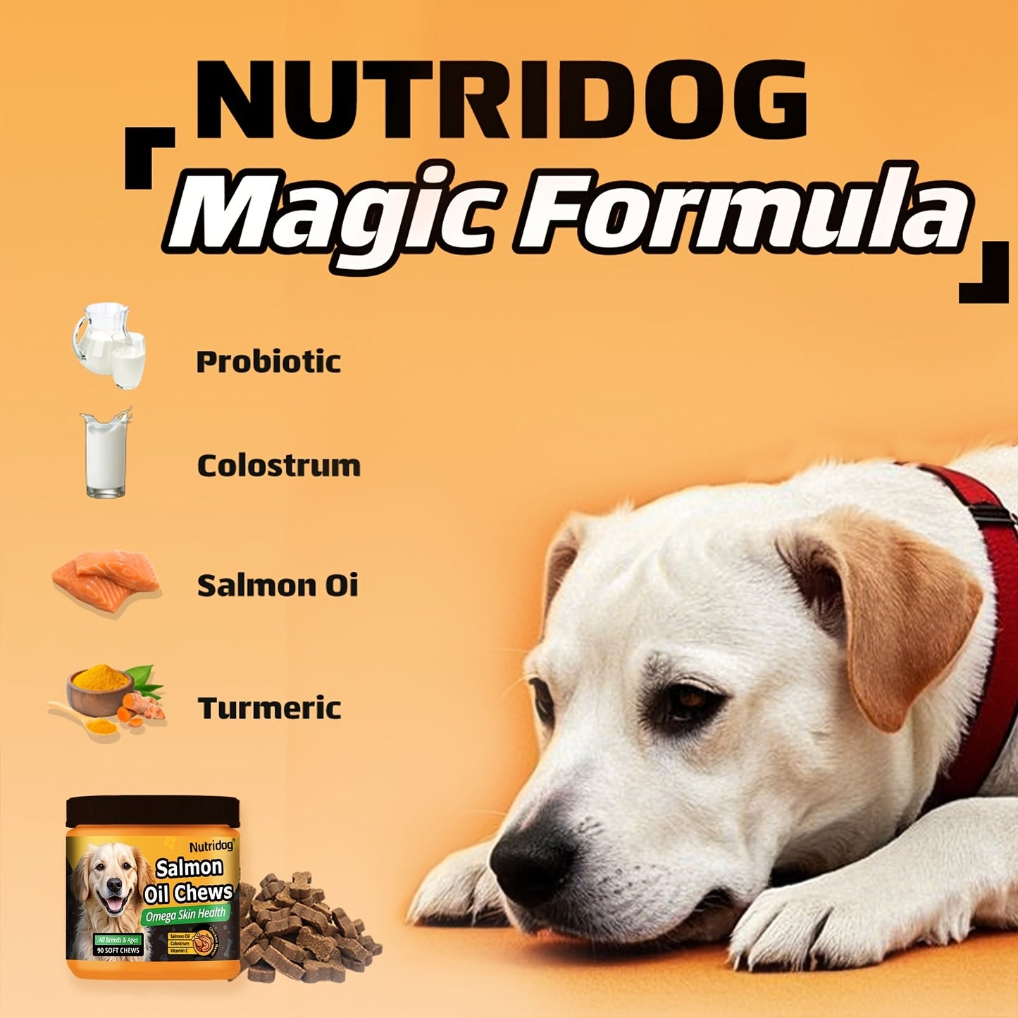 Dog Nutritional Supplement Soft Chews 90 Count with Probiotics Salmon Oil Chicken Flavor - Supports Coat Gut Health Immunity for Dogs All Ages 225g