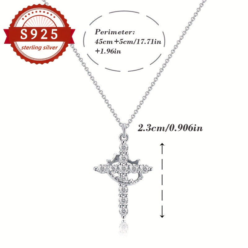 S925 Sterling Silver Cross Crown Pendant Necklace for Women – Vintage Luxury Hypoallergenic Jewelry for Daily Wear, Vacation & Banquet, Elegant Gift