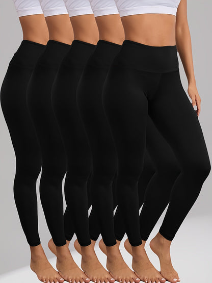 Women's High Waisted Tummy Control Leggings 5 Pack – Super Soft 4-Way Stretch Non-Sheer Yoga Workout Running Pants, Full-Length Gym Leggings S-XXL, All-Season Comfort for Gym, Yoga & Casual Wear