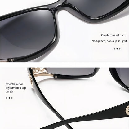 Polarized Sunglasses for Women – Oversized Square Frame UV400 Hollow Carved Temple, Retro Vintage Fashion Shades for Driving Beach Outdoor, Ladies Eyewear Gift Black Blue Purple Tea