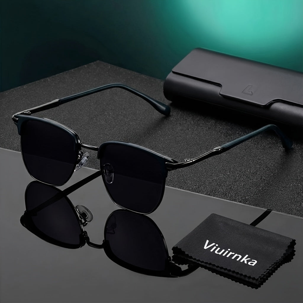 Retro Semi-Rim UV400 Sunglasses Unisex Vintage Half Frame Sunglasses for Men Women with Case & Cleaning Cloth - Classic Stylish Eyewear for Daily Driving Travel Outdoor