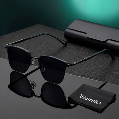 Retro Semi-Rim UV400 Sunglasses Unisex Vintage Half Frame Sunglasses for Men Women with Case & Cleaning Cloth - Classic Stylish Eyewear for Daily Driving Travel Outdoor