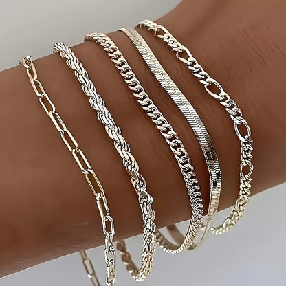 925 Sterling Silver Cuban Chain Bracelet Set of 5 – Handcrafted Stackable Boho Bracelets for Women & Men, Vintage Bohemian Style, Perfect Gift for Christmas, Birthday & Valentine's Day