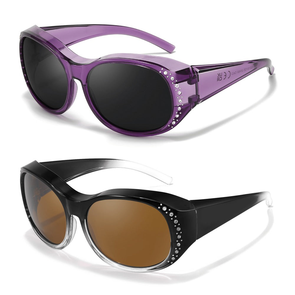 2-Pack Women's Polarized Fit Over Glasses for Prescription Eyeglasses – Rhinestone Accent Wraparound Sunglasses, Anti-Glare Polarized Lenses, No Adapter Needed, Multiple Color Options