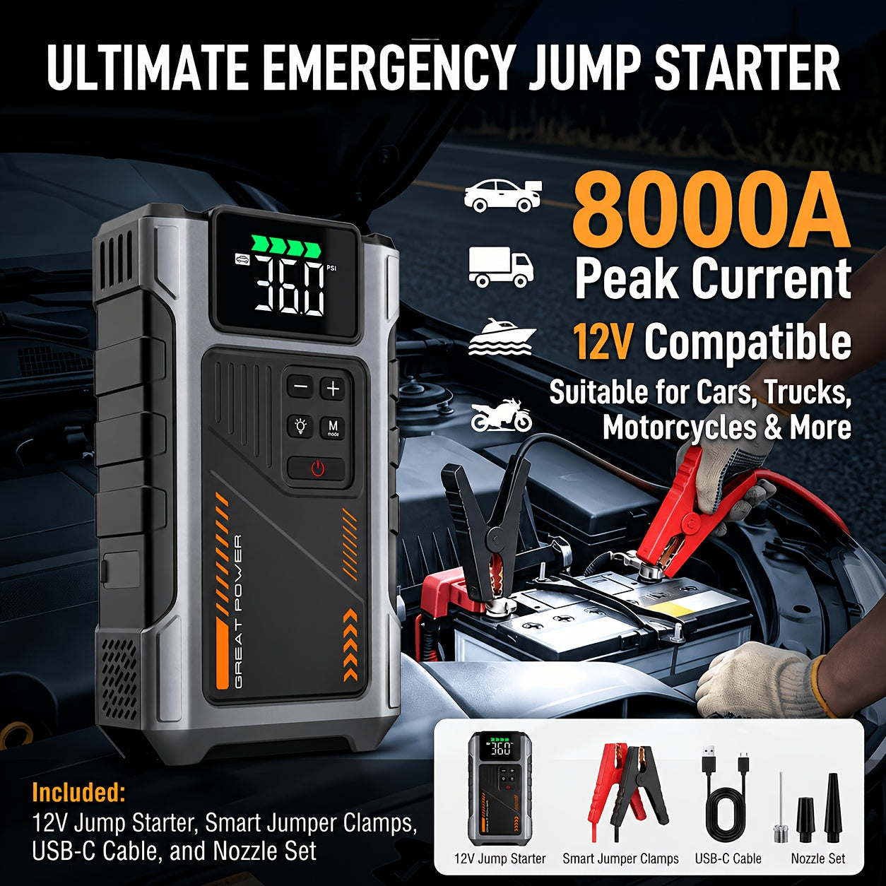 8000A Portable Jump Starter with Air Compressor – 12V Battery Booster for 8.0L Gas & 6.5L Diesel, USB Ports, LED Flashlight, Jump Box for Cars, Trucks & SUVs