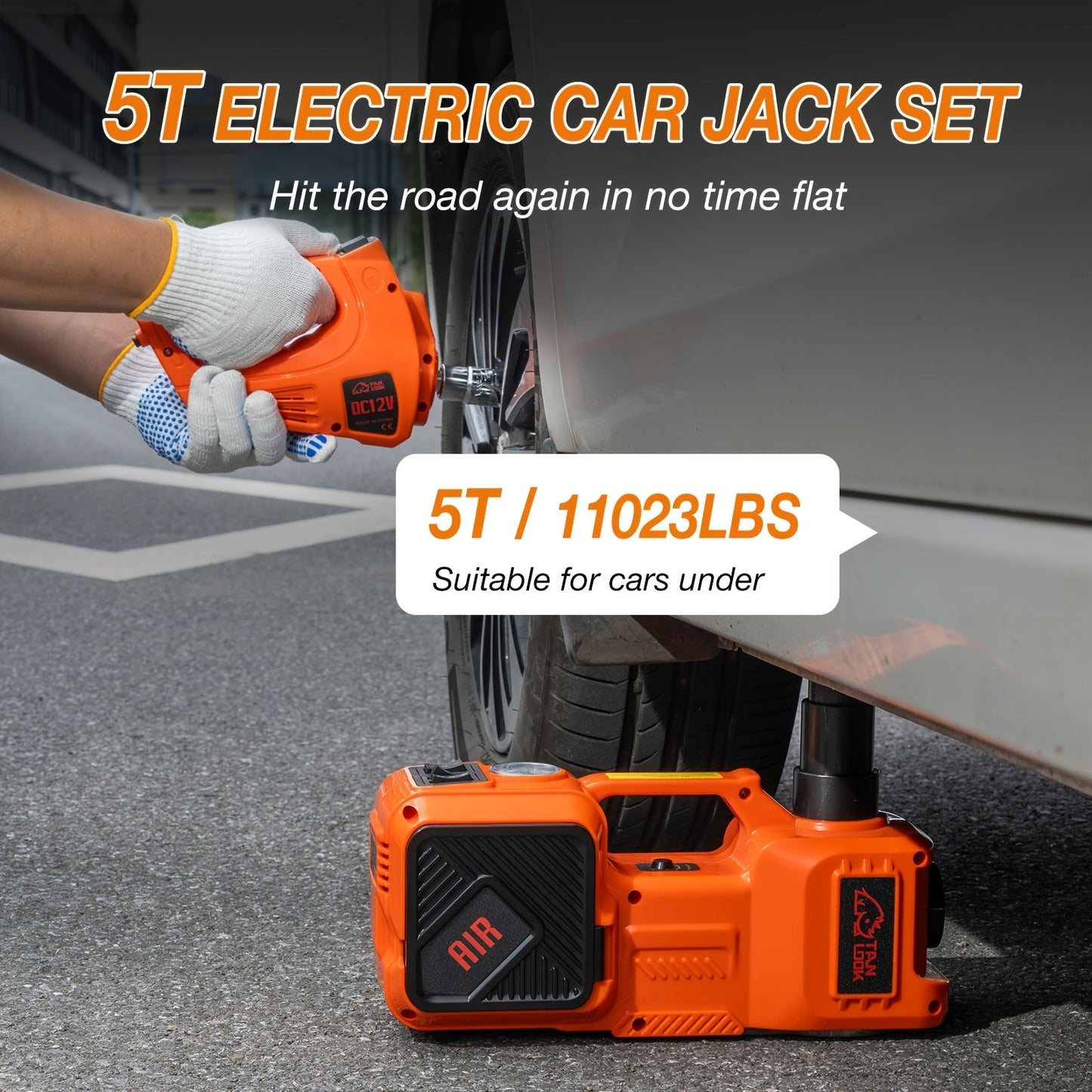 5 Ton Electric Hydraulic Car Jack with Built-in Air Pump - Portable Car Lift for SUV MPV Truck Tire Replacement & Garage Maintenance, Optional Electric Impact Wrench, Emergency Roadside Tool