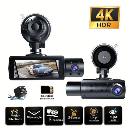 3-Channel Dash Cam with Infrared Night Vision & Smartphone App – Front, Rear & Interior Car Camera with Loop Recording, Wide Angle Lens, Optional 64GB/512GB Memory Card for Cars, Trucks & Rideshare