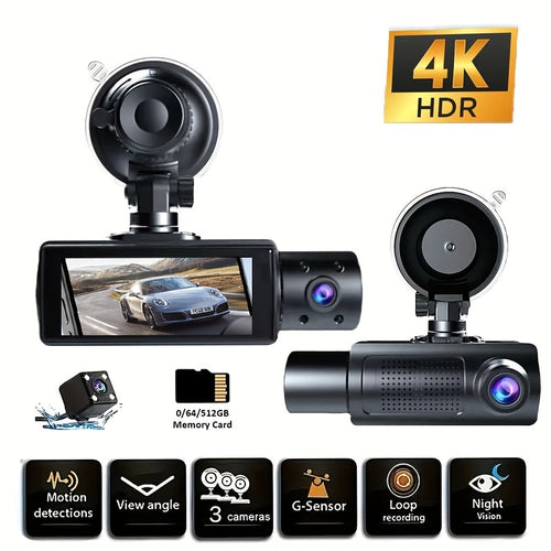 3-Channel Dash Cam with Infrared Night Vision & Smartphone App – Front, Rear & Interior Car Camera with Loop Recording, Wide Angle Lens, Optional 64GB/512GB Memory Card for Cars, Trucks & Rideshare