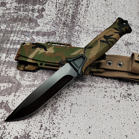 Outdoor Fixed Blade Knife – Stainless Steel Straight Blade, Non-Slip Handle, K-Type Sheath, EDC Hunting Fishing Camping Survival Knife, Camouflage, Multi-Purpose Field Tool for Men