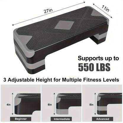 Adjustable Aerobic Step Platform – 3 Height Settings (4"/6"/8"), Non-Slip Workout Stepper for Home Gym Cardio Training, Step Aerobics Exercise Board (6 Colors)