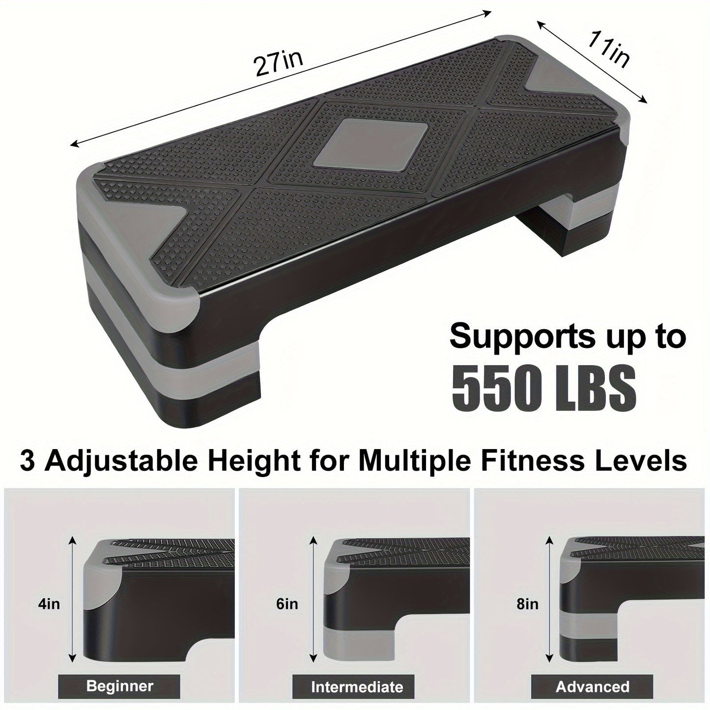 Adjustable Aerobic Step Platform – 3 Height Settings (4"/6"/8"), Non-Slip Workout Stepper for Home Gym Cardio Training, Step Aerobics Exercise Board (6 Colors)