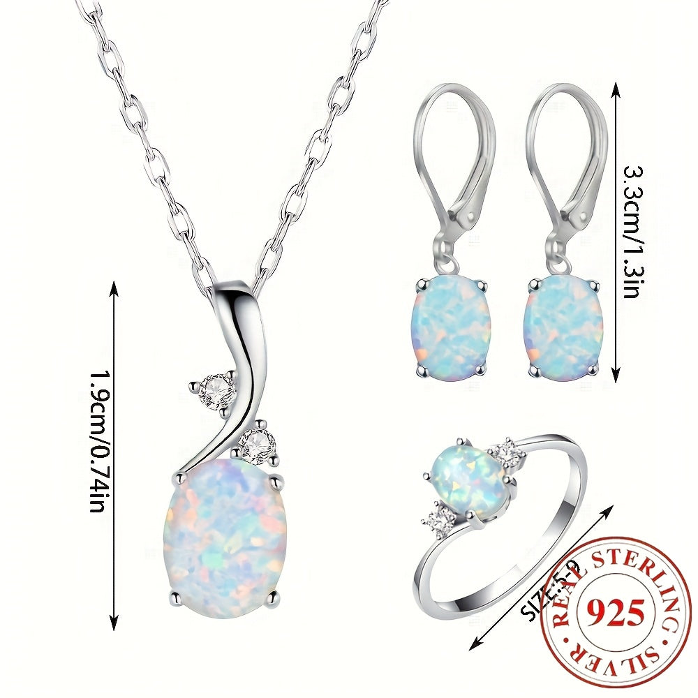 925 Sterling Silver Water Drop Opal Jewelry Set for Women – 4 Piece Necklace Earrings and Ring Set, Elegant Opal Pendant Fashion Jewelry Gift for Party Daily Wear Birthday Anniversary