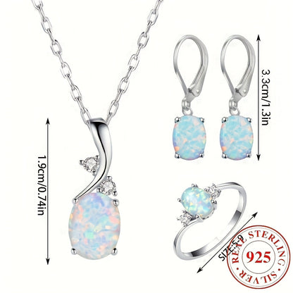925 Sterling Silver Water Drop Opal Jewelry Set for Women – 4 Piece Necklace Earrings and Ring Set, Elegant Opal Pendant Fashion Jewelry Gift for Party Daily Wear Birthday Anniversary