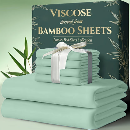Cooling Bamboo Bed Sheets Set 6-Piece Ultra Soft 17 Inch Deep Pocket Double Stitching Cooling Fiber for Hot Sleepers – Twin Full Queen King in 16 Colors