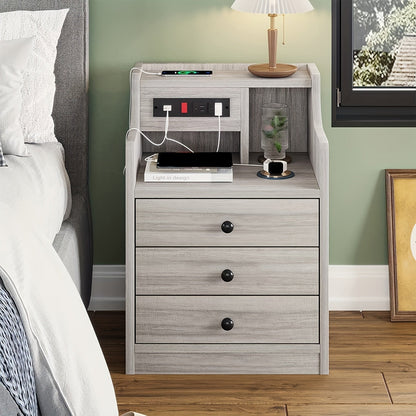 Nightstand with Charging Station – 2 USB Ports & 2 Outlets, Hutch & 3 Drawers, Bedroom End Table, Sofa Side Table for Living Room & Office, Gray or White