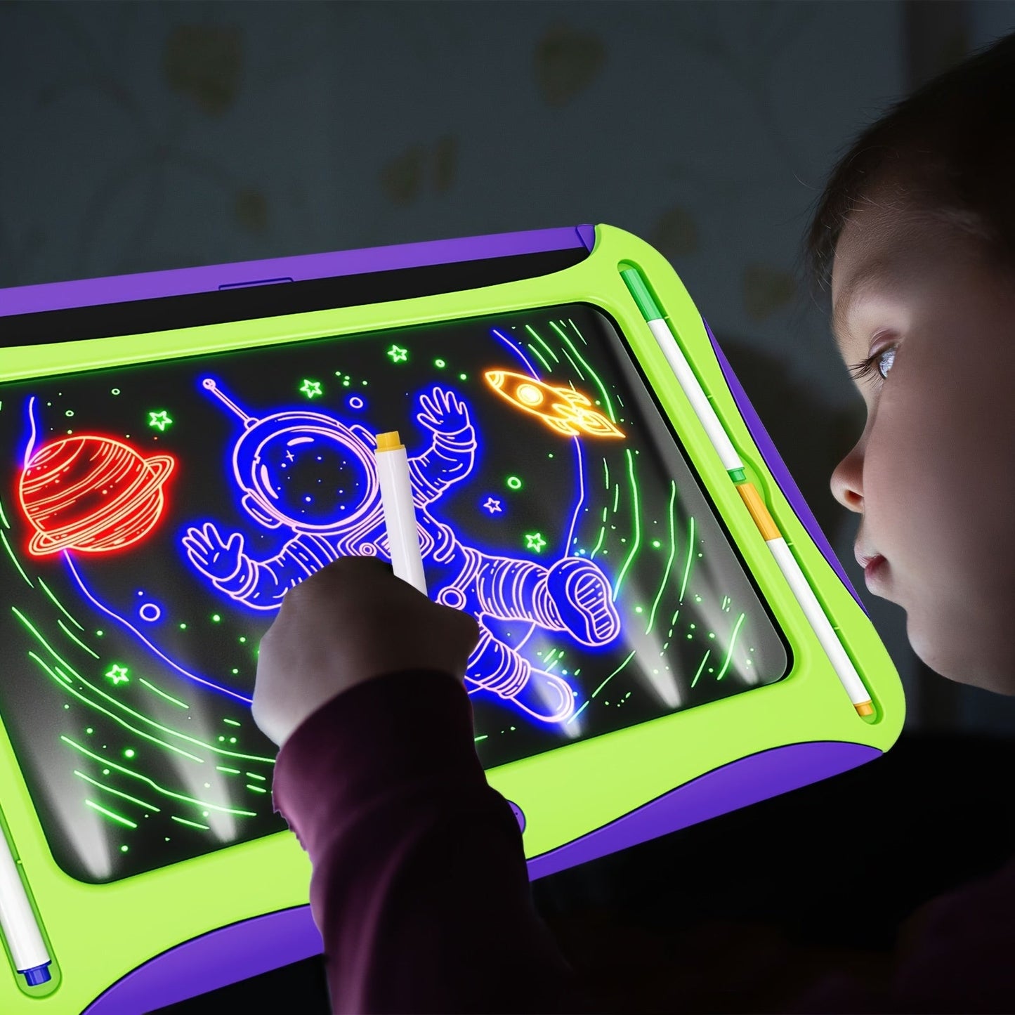 LED Light-Up Drawing Doodle Board for Kids Ages 3-8 – Glow Writing Art Set with 9 Double-Sided Cards & 6 Markers, Educational Learning Travel Toy, Birthday & Christmas Gift for Girls Boys