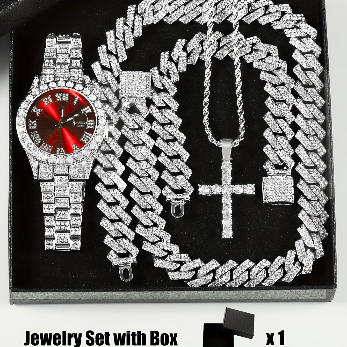 4pcs Rhinestone Watch & Cross Pendant Jewelry Set Quartz Analog Wrist Watch Necklace Bracelet Earrings Unisex Gift for Him Her Wedding