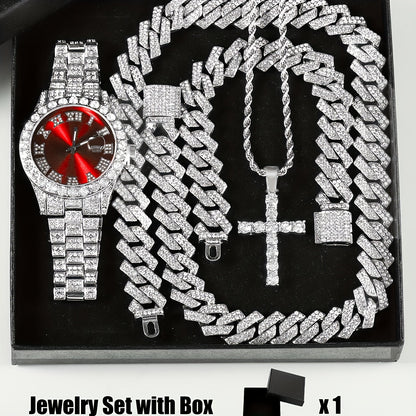 4pcs Rhinestone Watch & Cross Pendant Jewelry Set Quartz Analog Wrist Watch Necklace Bracelet Earrings Unisex Gift for Him Her Wedding