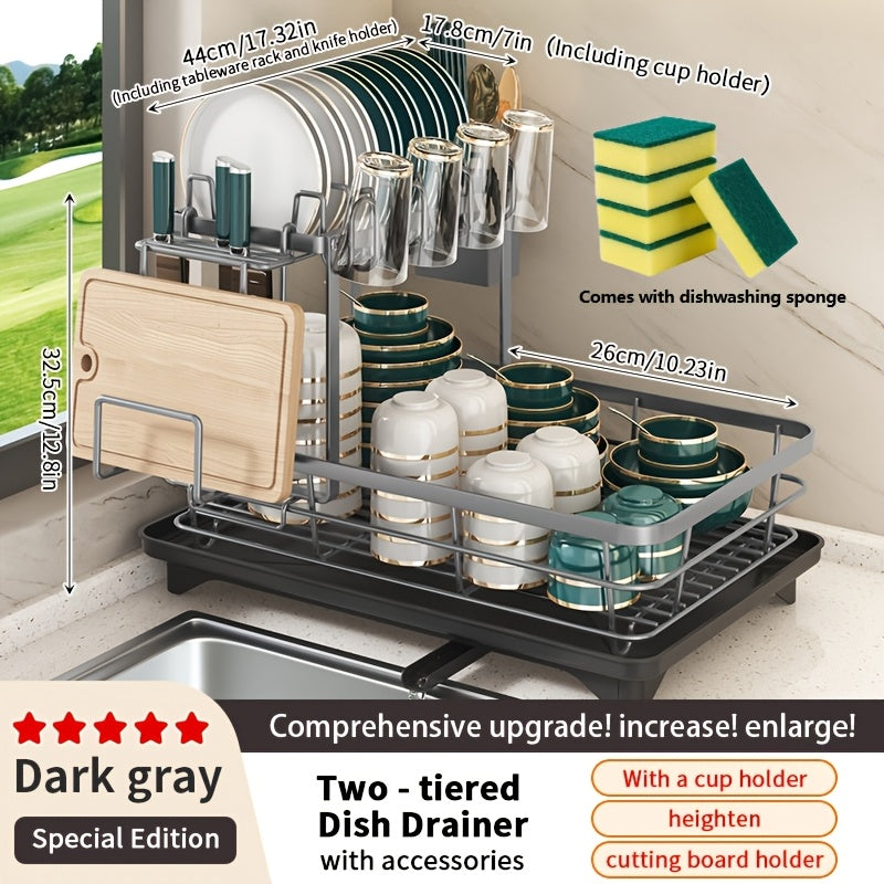 2-Tier Metal Dish Drying Rack with Cutlery Holder, Cup Holder & Rust-Proof Drip Tray – Space-Saving Countertop Dish Drainer for Kitchen Organization, Durable Steel Dish Rack for All Countertop Types