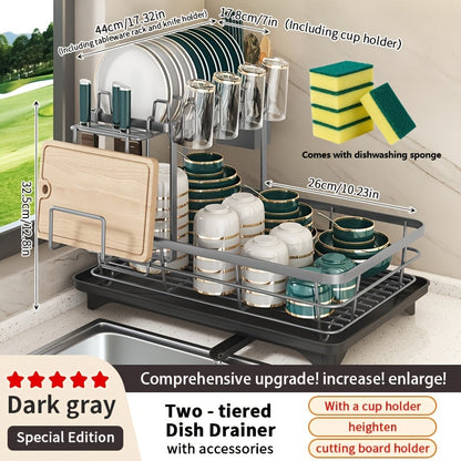 2-Tier Metal Dish Drying Rack with Cutlery Holder, Cup Holder & Rust-Proof Drip Tray – Space-Saving Countertop Dish Drainer for Kitchen Organization, Durable Steel Dish Rack for All Countertop Types