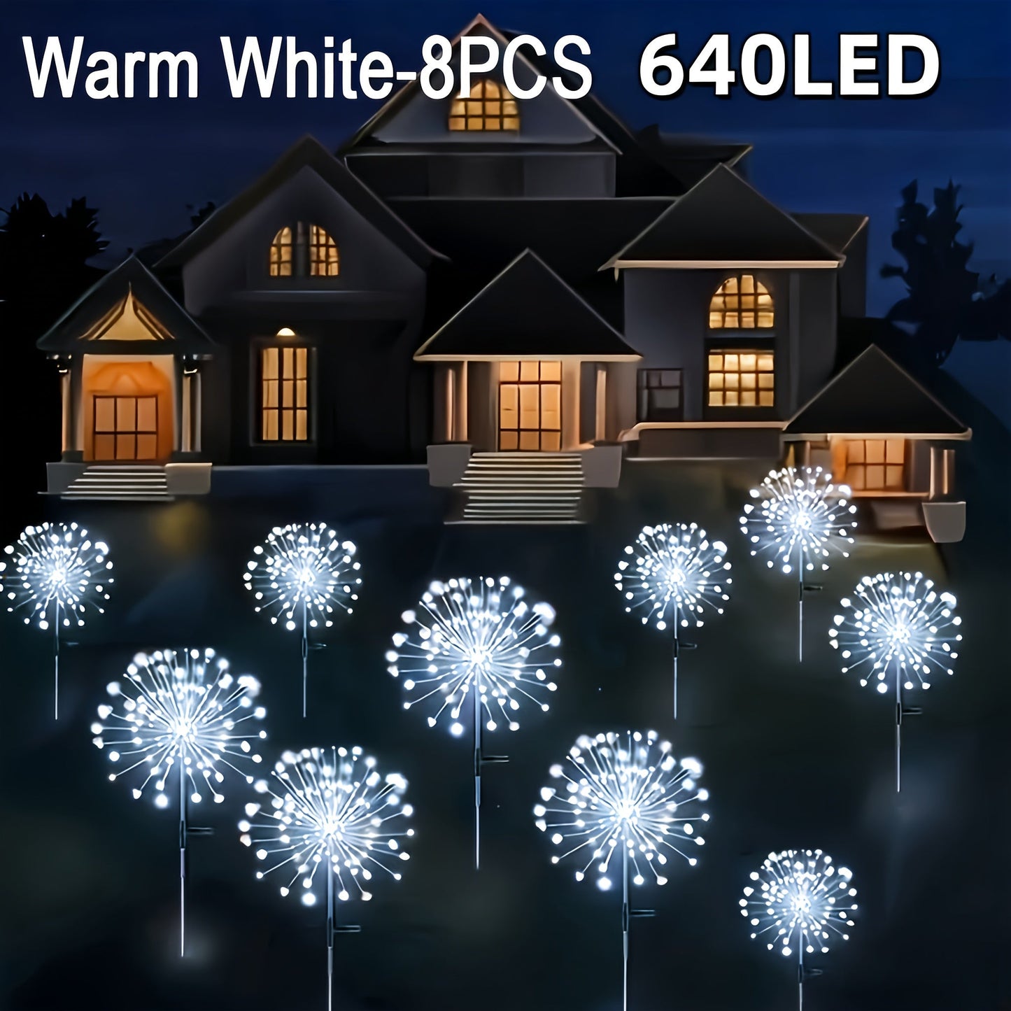 Solar Fireworks Lights Outdoor 240-640 LED Starburst Garden Stake Lights 8 Modes Waterproof Dusk to Dawn Auto On/Off – 4 Pack & 8 Pack for Christmas Yard Patio Wedding Lawn Decor Warm White Cool White Multicolor