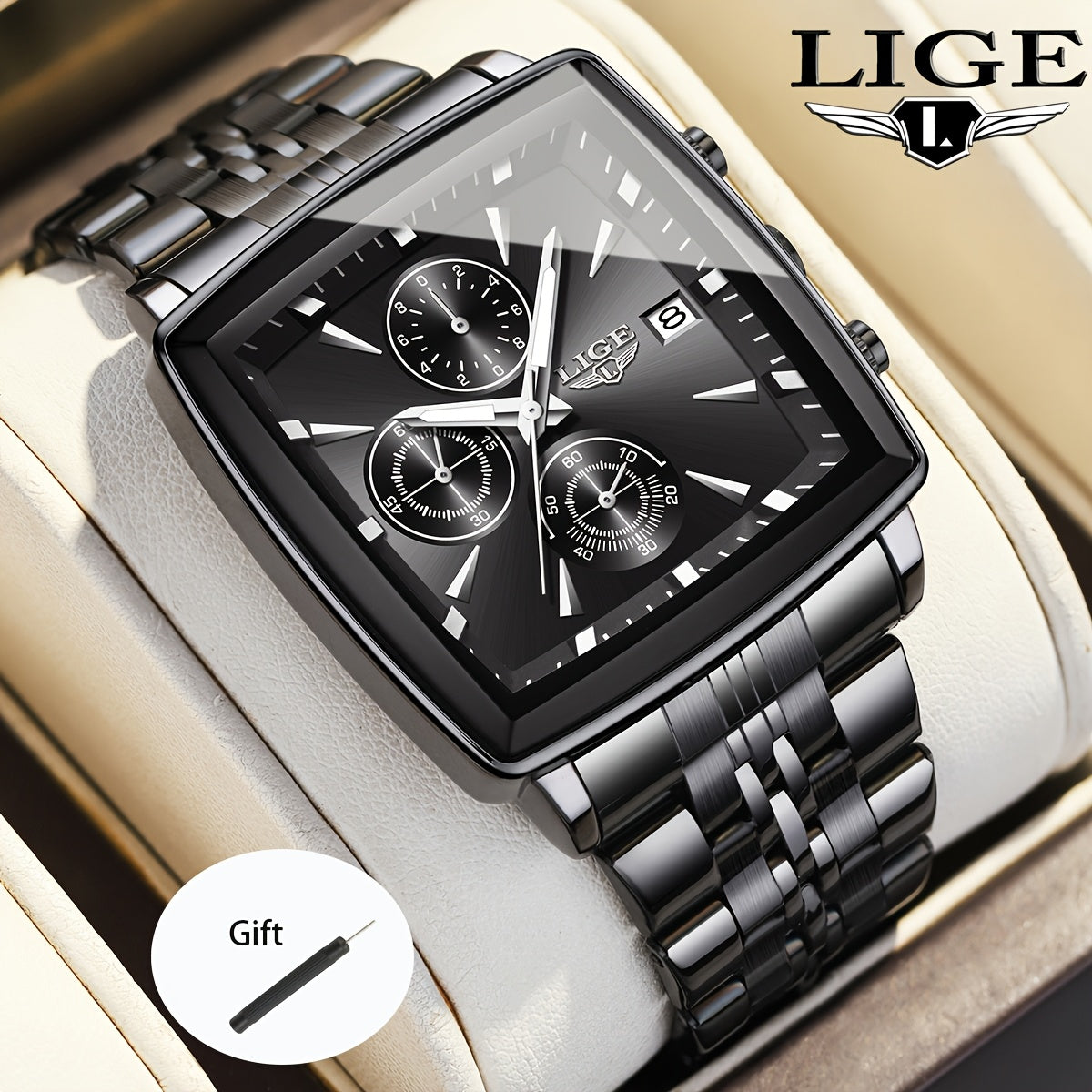 LIGE Men's Square Analog Quartz Watch – Stainless Steel Strap Calendar Display, Preppy Sport Fashion Wristwatch for Men Teens, 8 Color Options, Birthday Graduation Gift Blue Black Gold