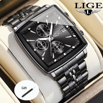 LIGE Men's Square Analog Quartz Watch – Stainless Steel Strap Calendar Display, Preppy Sport Fashion Wristwatch for Men Teens, 8 Color Options, Birthday Graduation Gift Blue Black Gold