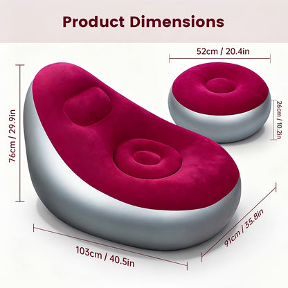 Inflatable Sofa Set 2 Piece Adult Recliner Lounge Chair with Footstool Plush Fabric Heavy Duty Portable Folding Air Couch with Pump Indoor Outdoor Camping Beach Living Room Patio