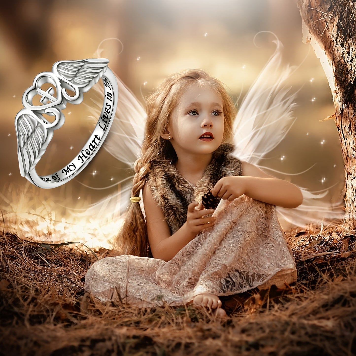 S925 Sterling Silver Angel Wing Memorial Ring – A Piece of My Heart Lives in Heaven, Rhodium Plated, Sympathy Gift for Loss of Mom Dad Grandma Grandpa Daughter Son, Sizes 5-10
