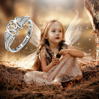 S925 Sterling Silver Angel Wing Memorial Ring – A Piece of My Heart Lives in Heaven, Rhodium Plated, Sympathy Gift for Loss of Mom Dad Grandma Grandpa Daughter Son, Sizes 5-10