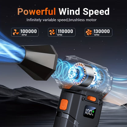 130000 RPM Turbo Fan Blower with USB-C Fast Charging, Smart Display & LED Light – 100 Wind Speed Settings for Car Cleaning, Dust Removal, Leaf Blowing, BBQ & Cooling – Black & Orange